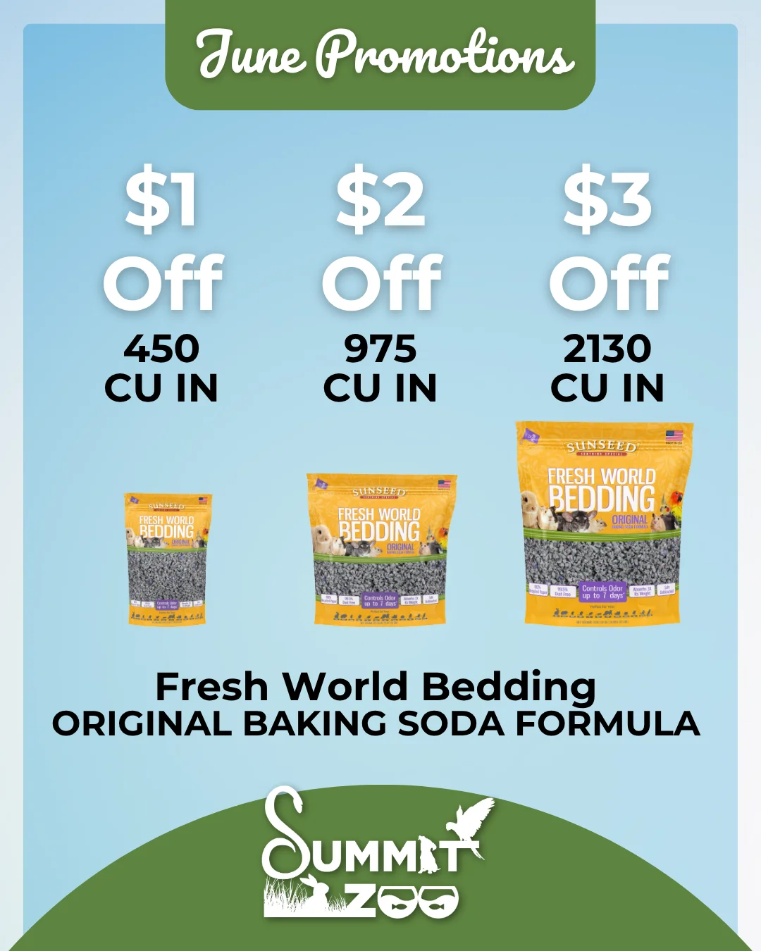 $1 to $3 off Sunseed Fresh World Bedding with baking soda formula in 450, 975, and 2130 cubic inch sizes at Summit Zoo.